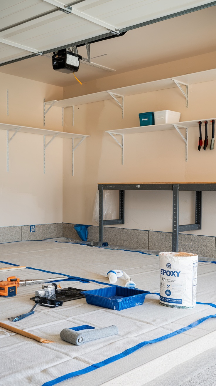 An organized garage space with tools and materials prepared for epoxy floor application.