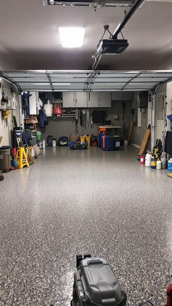Clean and organized garage space with tools and supplies neatly arranged.