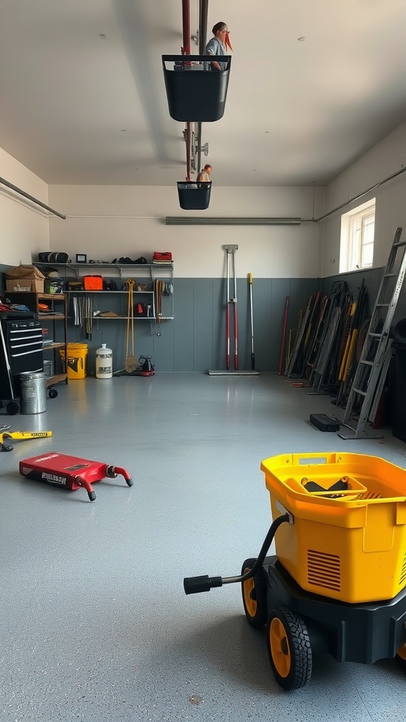 An organized garage with tools and a clean floor, ready for epoxy installation.