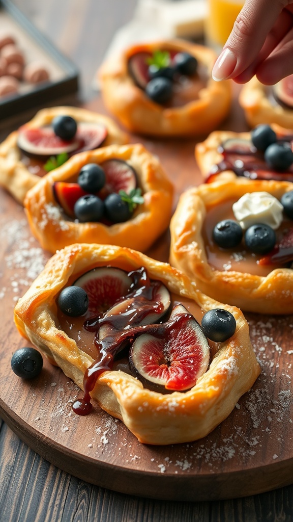 A delicious prosciutto and fig tart with fresh figs and blueberries on a wooden platter.