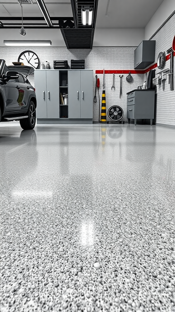 A garage floor with a red liquid spill beside a container.