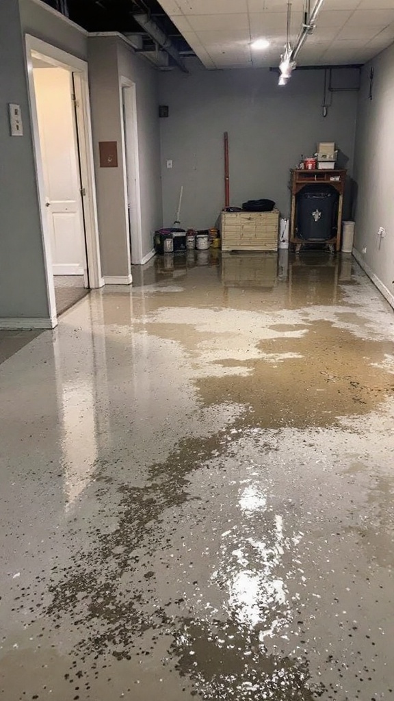 A room showing wet floor with standing water, indicating moisture issues.
