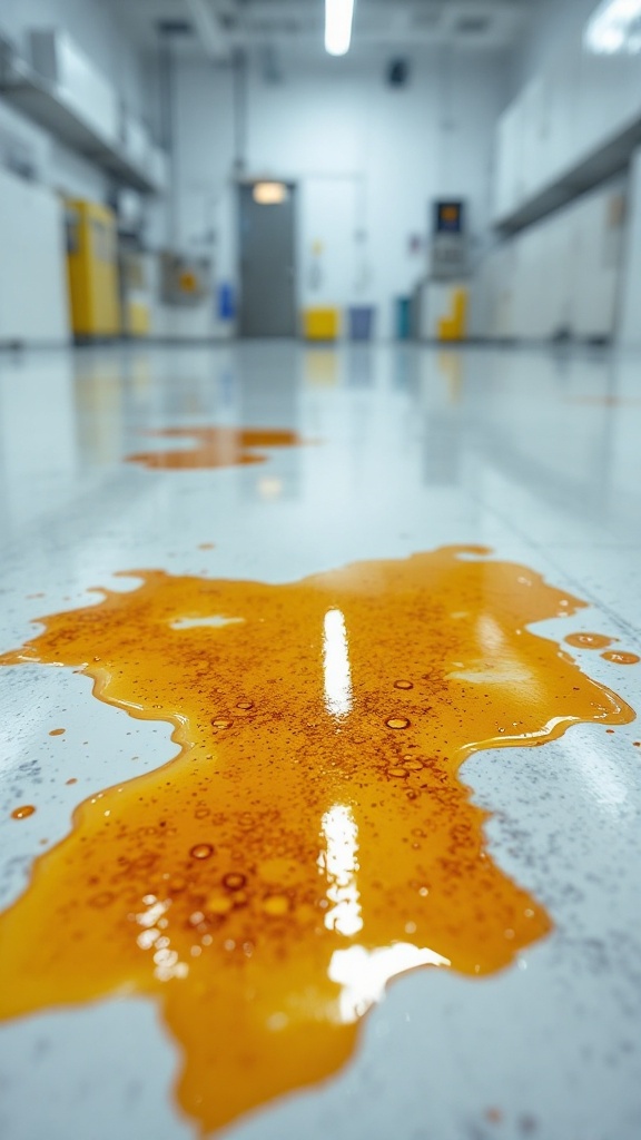 An industrial floor with an orange liquid spill, highlighting the need for chemical spill protection.
