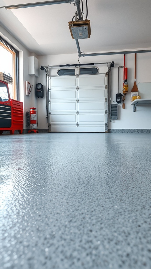 A newly coated epoxy garage floor with tools and equipment in the background.