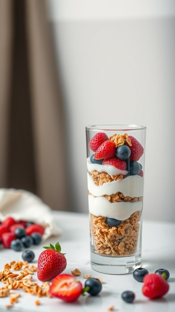 A tall glass filled with Greek yogurt, granola, and mixed berries, garnished with fresh fruit.