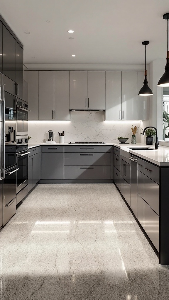 Modern kitchen featuring gray cabinets, bright lighting, and sleek epoxy flooring.