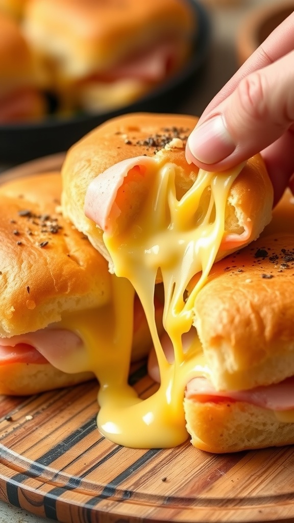 Pull-apart ham and cheese sliders with melted cheese and ham in soft rolls