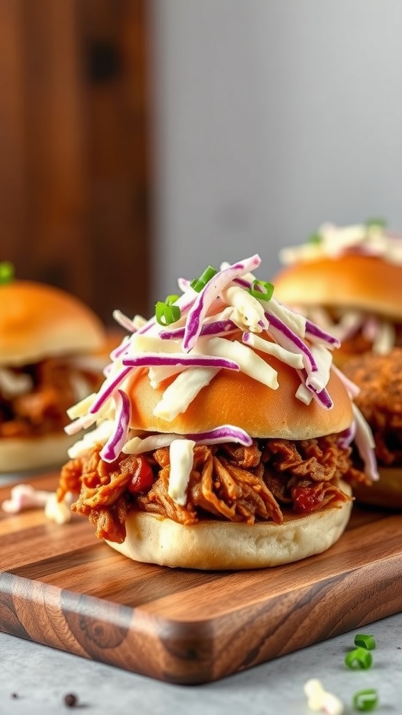 Delicious pulled pork sliders with coleslaw on a wooden board.
