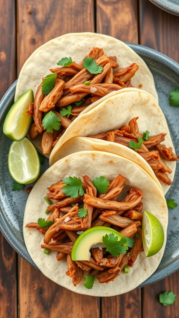 Delicious pulled pork tacos topped with fresh cilantro and lime.