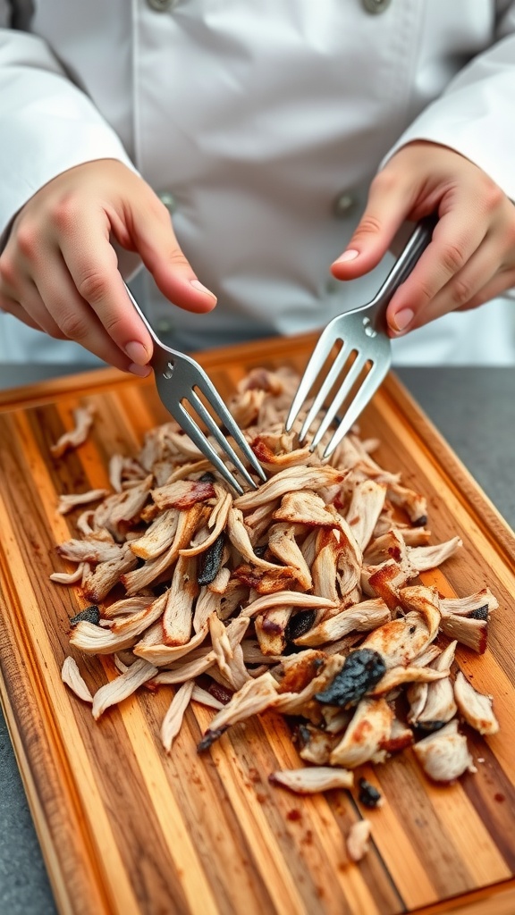 Pulled pork being shredded with two forks on a wooden cutting board.