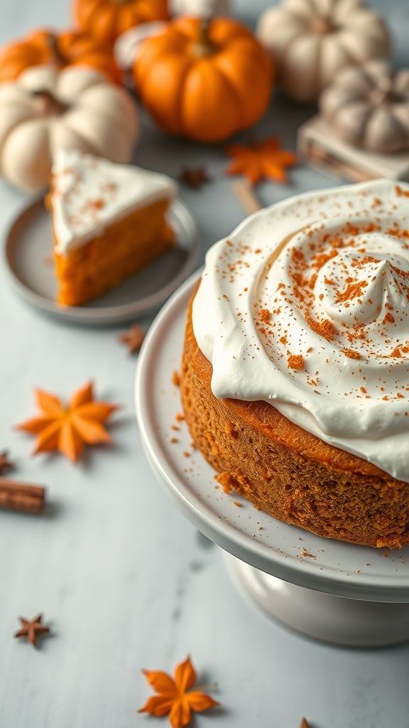 A moist pumpkin spice birthday cake topped with whipped cream and decorated with spices.