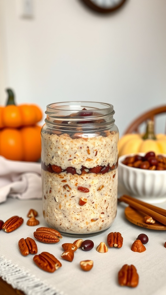 A jar of Pumpkin Spice Overnight Oats layered with nuts, sitting on a table with pumpkins and nuts around it.