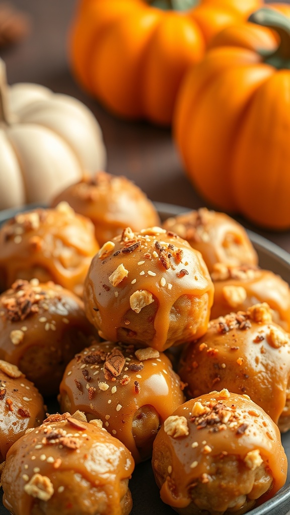 A plate of pumpkin spice sausage balls topped with caramel drizzle and nuts.