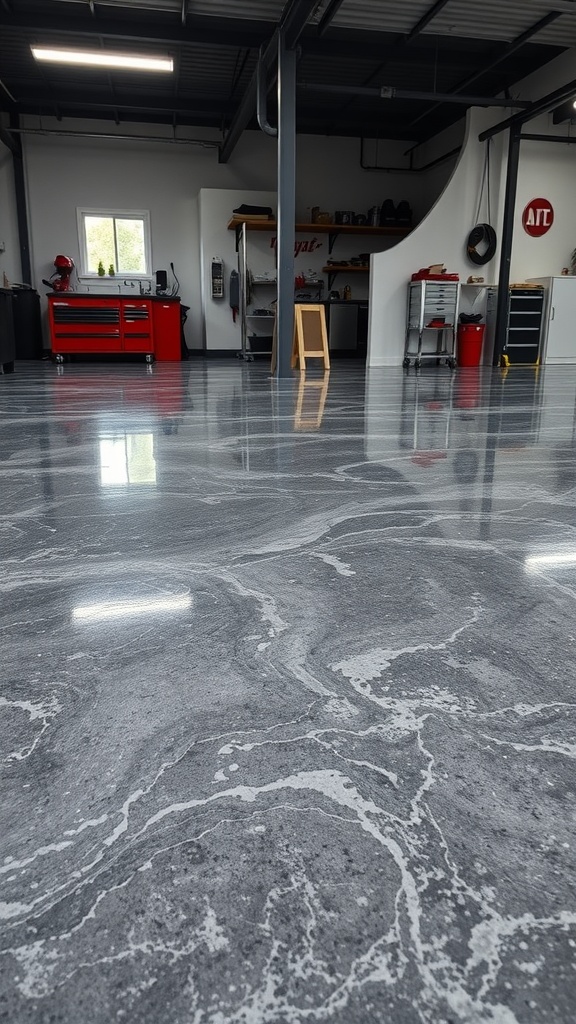 A modern garage with a marbled quartz-filled epoxy floor, showcasing a sleek and shiny surface.
