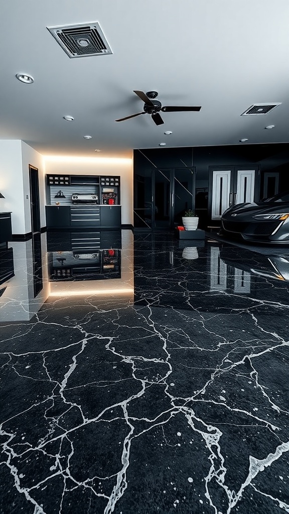 Stylish black marble epoxy floor in a modern garage interior