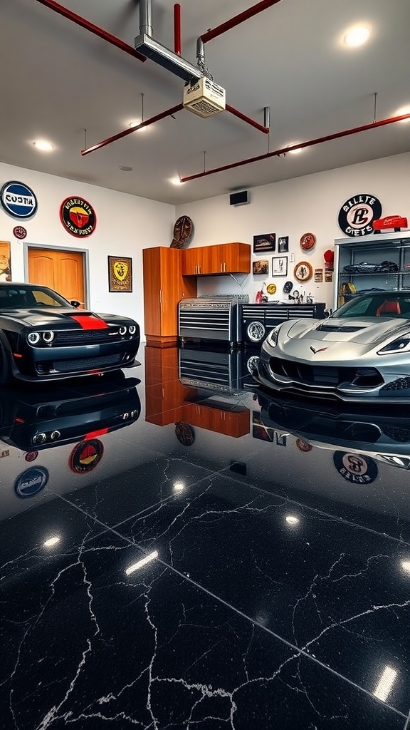 A bright garage space with a polished quartz epoxy floor