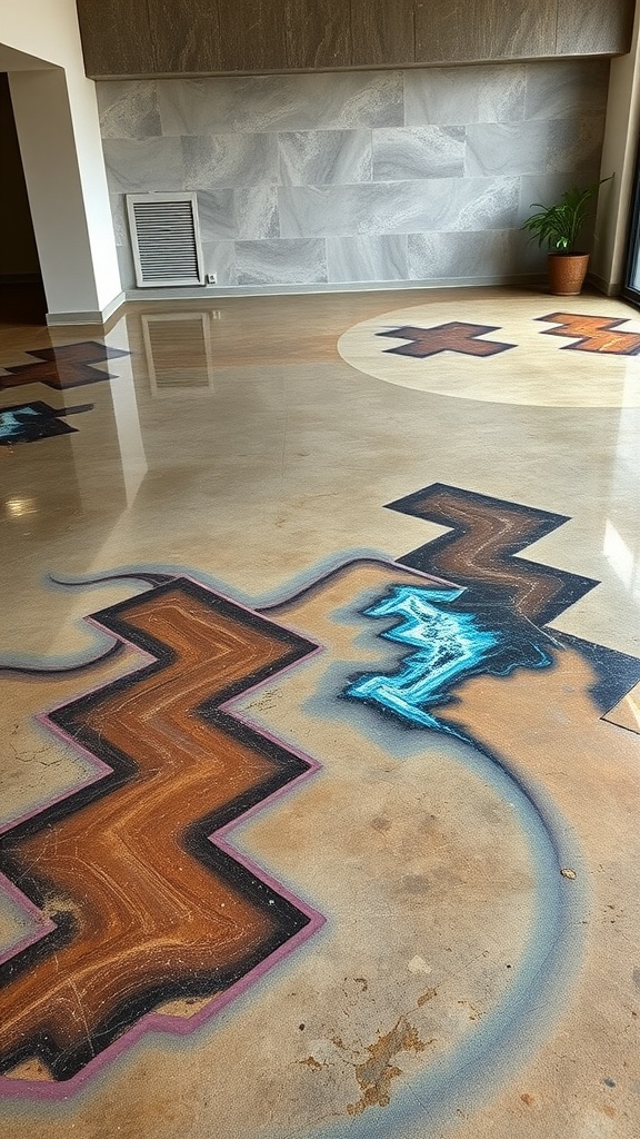 A beautifully designed quartz epoxy floor featuring intricate patterns and colors.