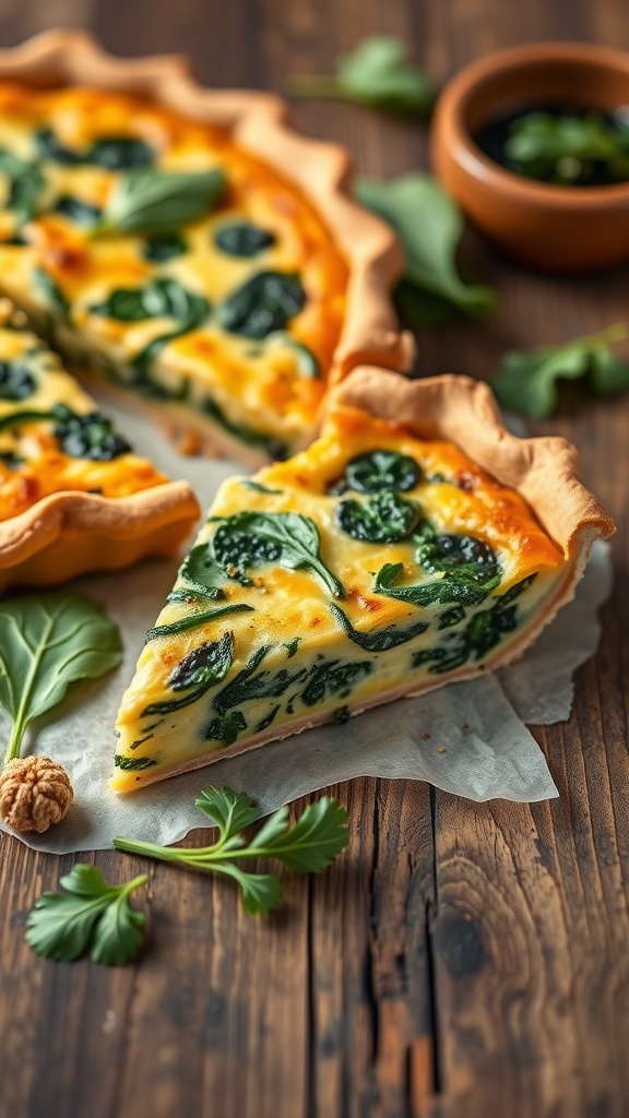 A slice of Quiche Lorraine with Spinach on a wooden table, garnished with fresh spinach leaves.