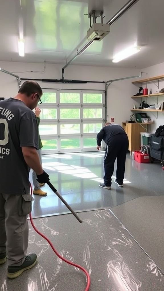 A modern garage with contrasting epoxy flooring: glossy black on one side and blue-speckled on the other, featuring a sleek car and stylish decor.