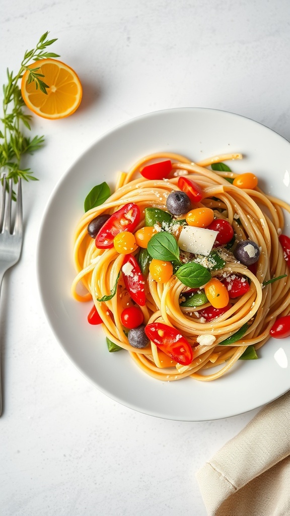 A vibrant plate of pasta primavera featuring colorful cherry tomatoes, zucchini, and bell peppers on a white plate.