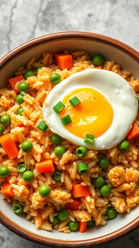 A bowl of colorful fried rice with an egg on top and fresh green onions.