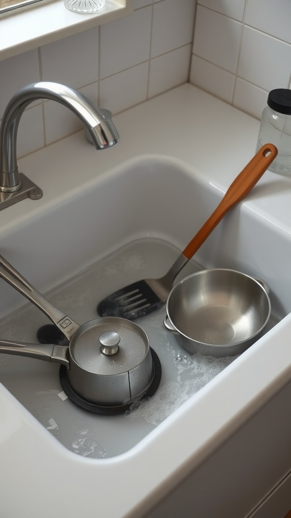 A clean kitchen sink filled with soapy water and cooking utensils.