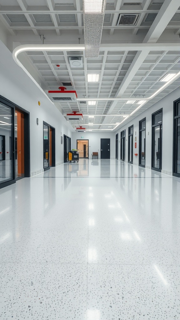 Interior hallway with polished white epoxy flooring and modern lighting