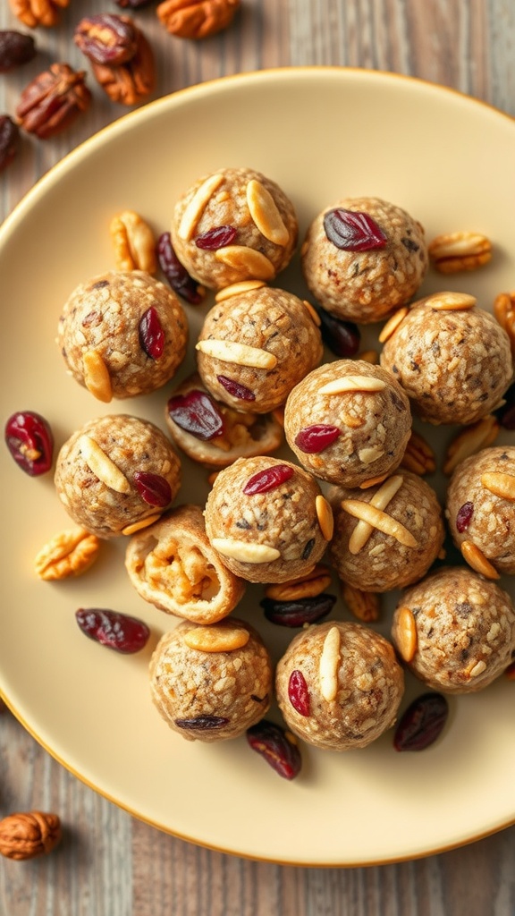 A plate of energy bites made from oats, nuts, and dried fruits.
