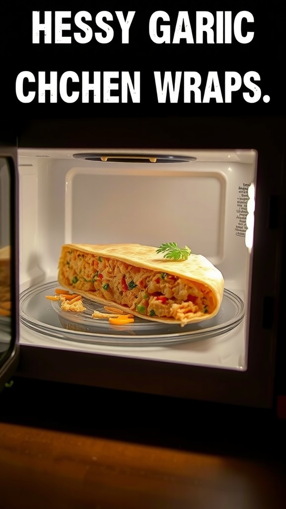 Cheesy garlic chicken wrap in a microwave