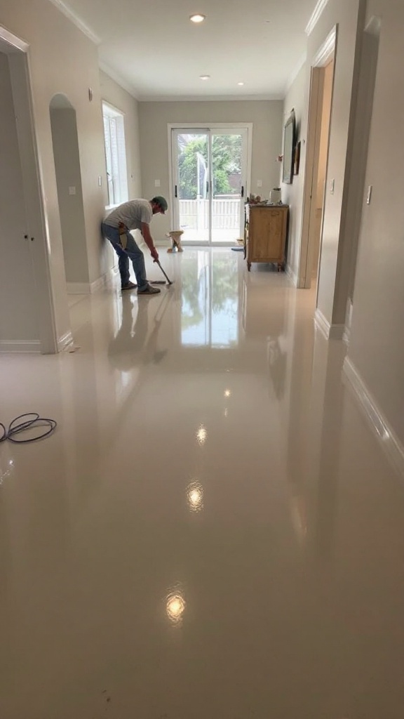 A person applying a finish to a shiny floor in a hallway