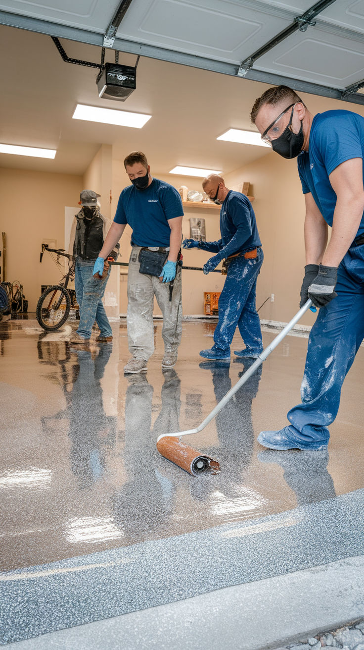 Workers installing epoxy flooring in a garage.