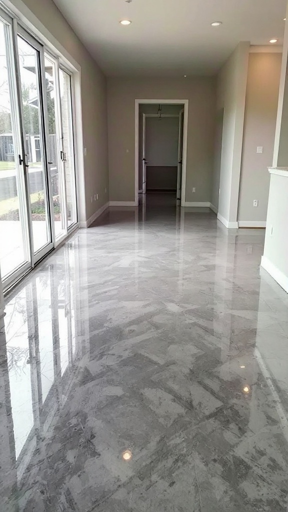 A spacious interior with polished gray marble flooring and large windows.