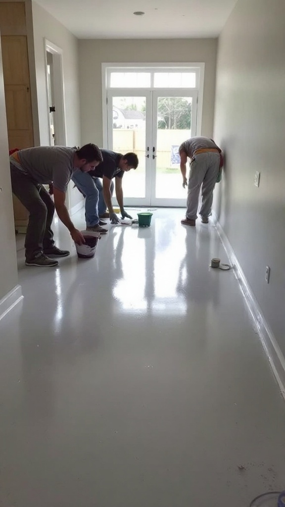 Three people applying epoxy floor coating in a hallway