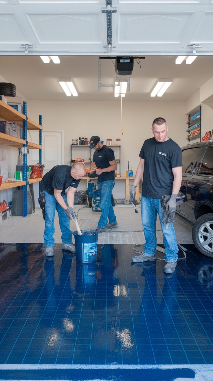 Three workers applying epoxy on a garage floor.