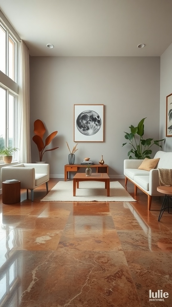 A person standing on a ladder, working on the wall in a room with newly installed epoxy flooring.