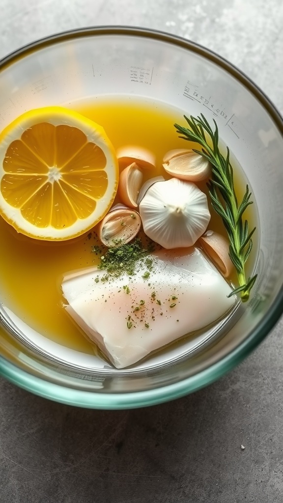 Bowl with lemon slices, garlic, and herbs for marinade