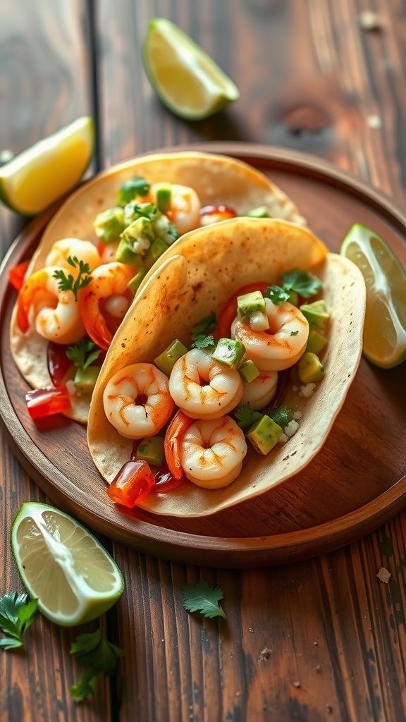 Shrimp tacos with avocado salsa on a wooden plate