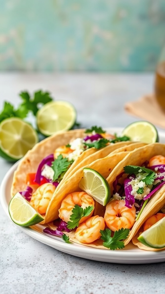A plate of shrimp tacos with cabbage slaw, garnished with lime and cilantro.