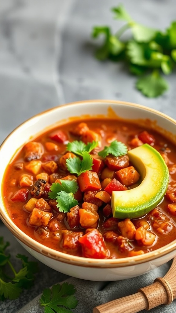 A delicious bowl of vegetarian chili topped with cilantro and avocado.