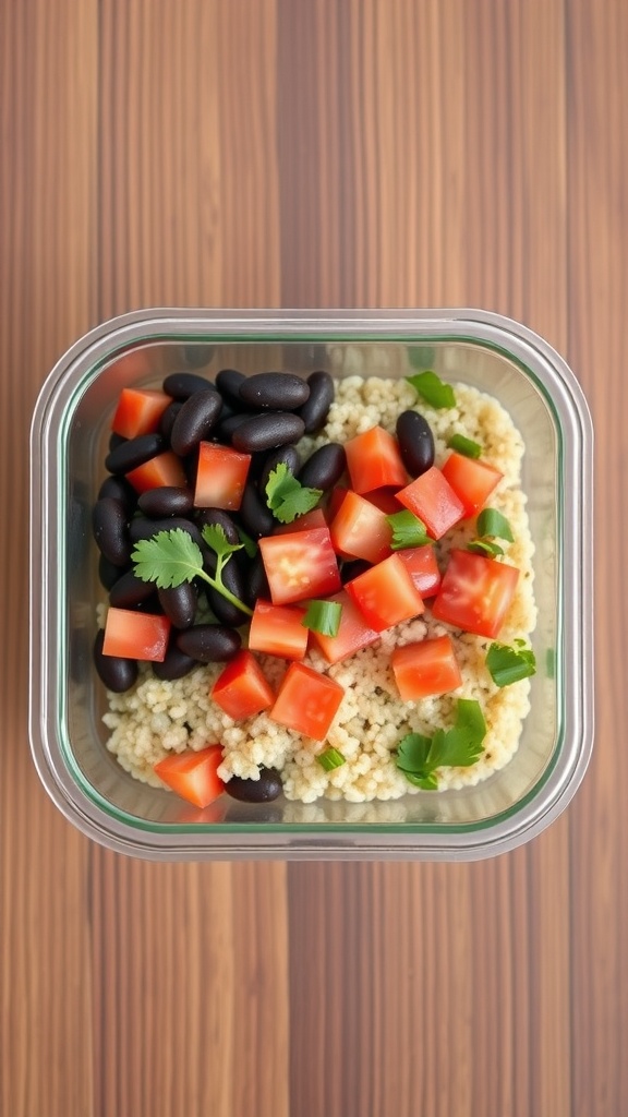 A quinoa and black bean bowl with chopped tomatoes and cilantro