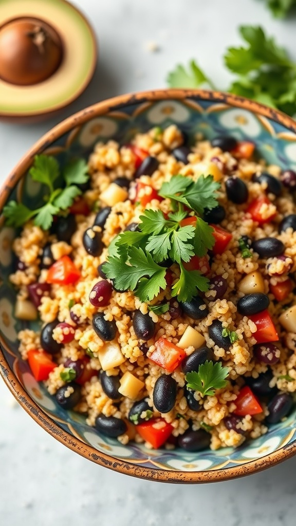 A bowl of quinoa and black bean salad topped with cilantro and diced vegetables.