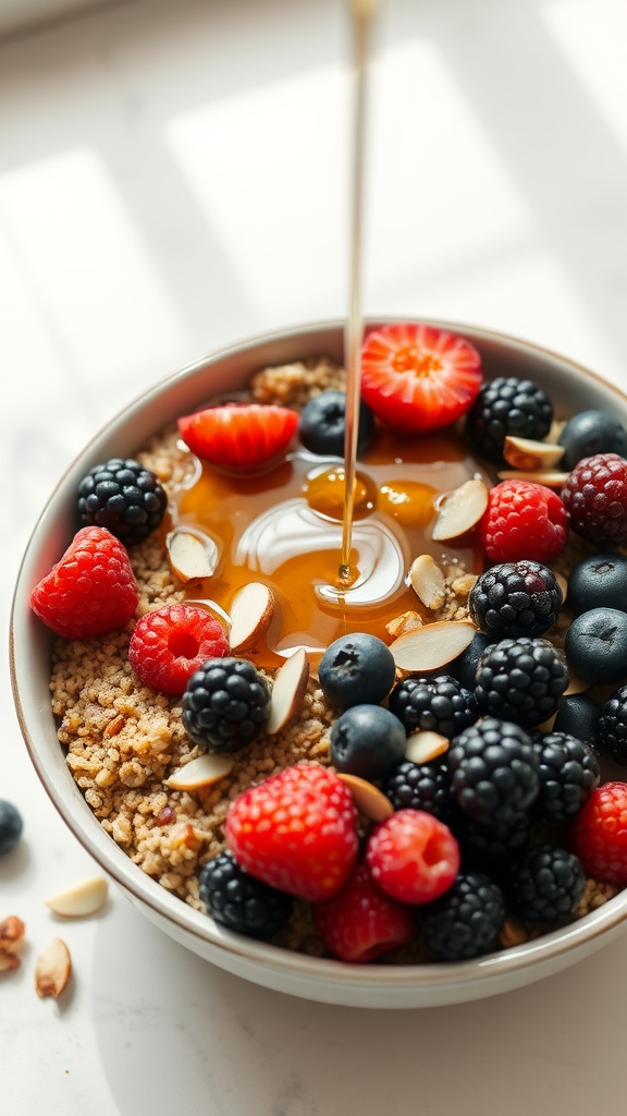 A bowl of quinoa topped with fresh berries and almonds, drizzled with honey.