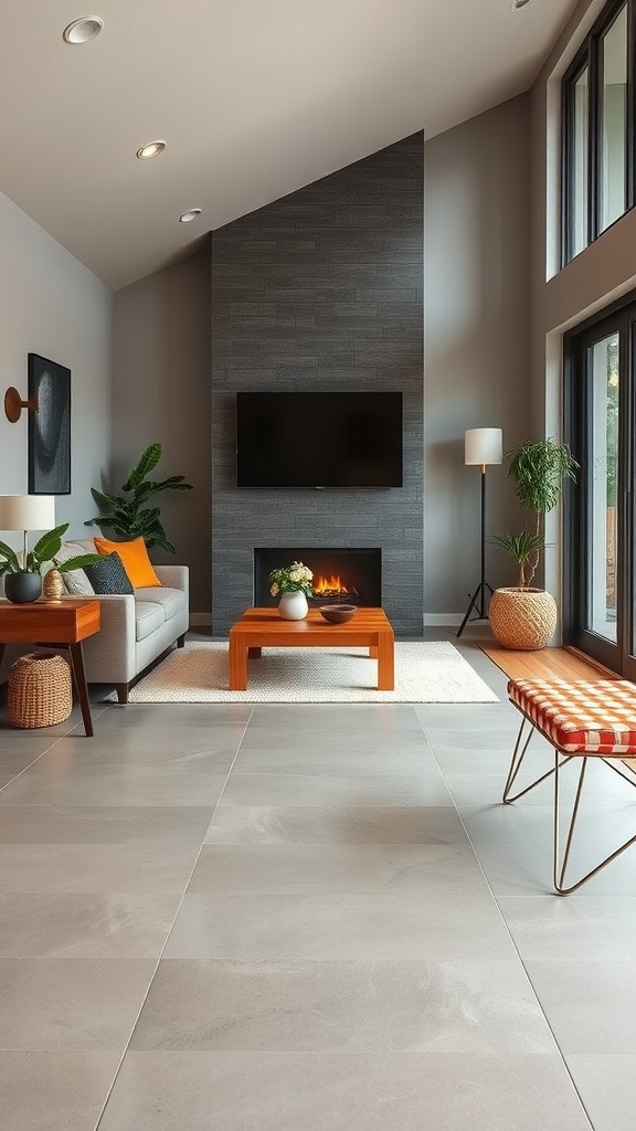 A modern living room with concrete flooring, featuring a fireplace and stylish furniture.