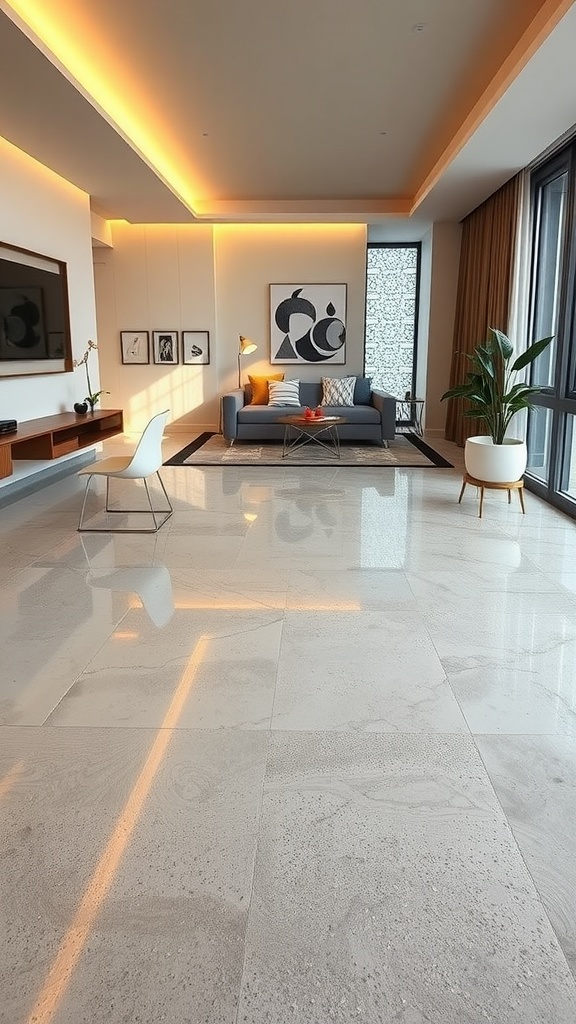 A modern living room featuring sleek epoxy flooring and radiant heating, showcasing a cozy atmosphere.
