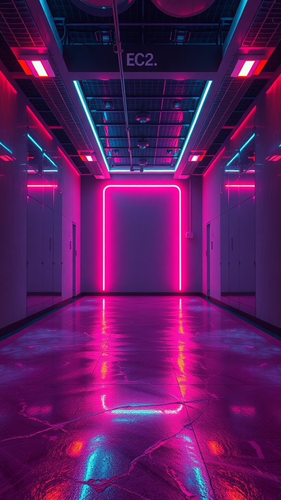 An interior corridor illuminated with neon lights, showcasing a shiny epoxy floor reflecting vibrant colors.