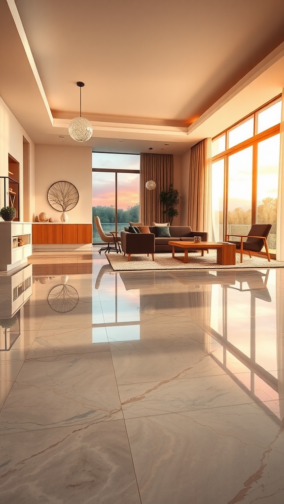 A beautifully designed living room with radiant sunset hues reflecting on a metallic epoxy floor.
