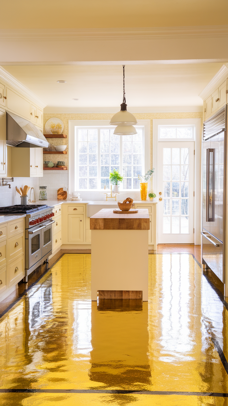 A kitchen featuring a metallic yellow epoxy floor with warm honey accents.