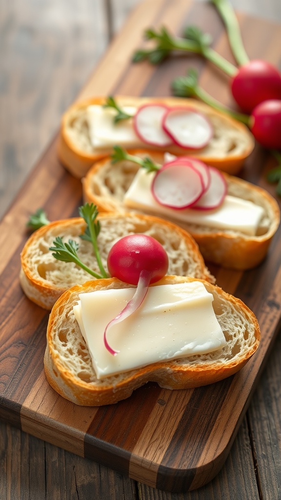 Radish and butter canapés on a wooden serving board