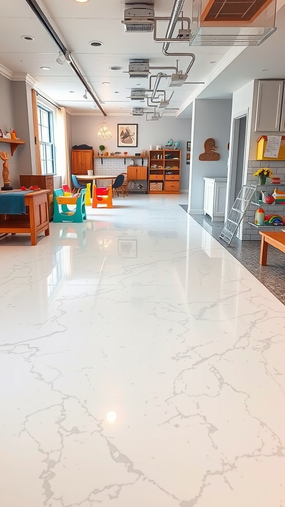 Bright and colorful rainbow epoxy flooring in a lively living space with modern decor.