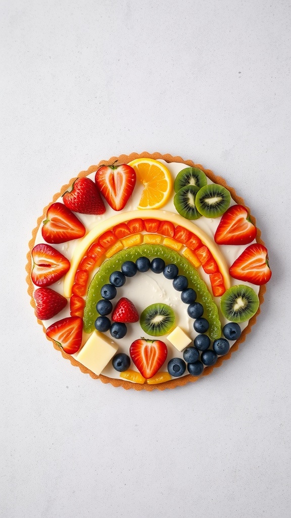 A colorful rainbow fruit pizza decorated with fresh fruits on a cookie crust.